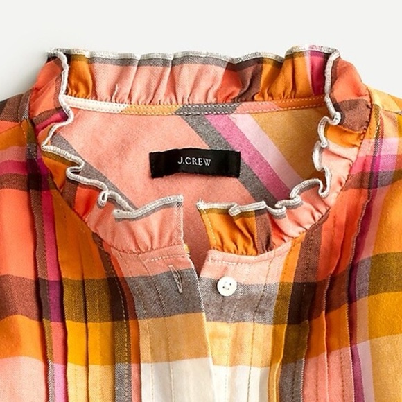 🍊 J.CREW ORANGE YELLOW RUFFLE COLLAR PLAID BUTTON DOWN SHIRT! - Picture 2 of 16